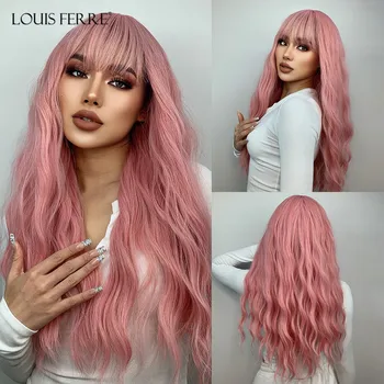LOUIS FERRE Дълги розови къдрави перуки Cosplay Натурален и синтетичен женски перука с бретон топлоустойчива косата на Лолита перуки за cosplay партита