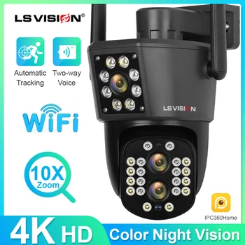 LS VISION 8MP 4K PTZ Wifi камера външна, с двоен екран и 10-кратно увеличение, камера за видео наблюдение с автоматично проследяване с удлинительным кабел 5 м