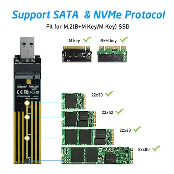 M. 2 към USB Адаптер Двухпротоколная Такса SSD M. 2 NVME PCIe NGFF Поддръжка на карти SATA M2 2230 2242 2260 2280 NVME/SATA M2 SSD RTL9210B
