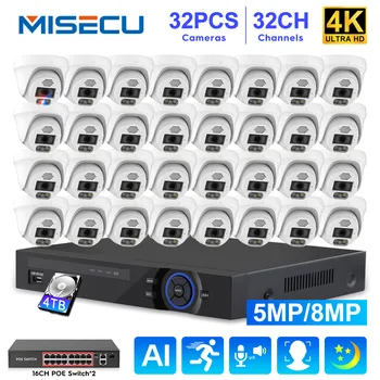 MISECU 32CH NVR Комплект 4K POE Система охранителна Камера 8MP 5MP AI Разпознаване на Лица Двупосочна Аудио за ВИДЕОНАБЛЮДЕНИЕ Комплект за видеонаблюдение XMEYE