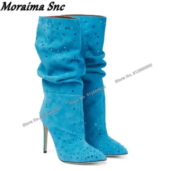 Moraima Snc/ Обикновена Нагънат Обувки с кристали; Дамски Обувки до средата на Прасците Син цвят на Висок ток с остър пръсти; Сватбени обувки за Подиум на ток; Размер на 44