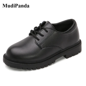 MudiPanda/2021 Есенен детски обувки за момчета, училищни кожени обувки за момичета, детски официалната обувки на равна подметка, прости черни обувки дантела, 27-42