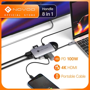 NOVOO 8 в 1 Тип C за HDMI-съвместим хъб USB 3.0 PD 100 W Преносим RJ-45 SD Card Reader за MacBook Pro Air iPad Nintendo Switch