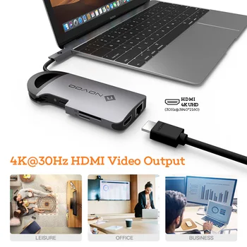NOVOO 8 в 1 Тип C за HDMI-съвместим хъб USB 3.0 PD 100 W Преносим RJ-45 SD Card Reader за MacBook Pro Air iPad Nintendo Switch