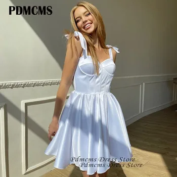 PDMCMS Елегантни сатенени къси рокли за среща на завършилите трапецовидна форма, във формата на сърце, празнична рокля за рожден ден, мини-коктейл рокля на спагети презрамки