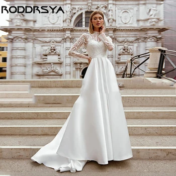 RODDRSYA Елегантна сватбена рокля с високо воротом и дълъг ръкав, просто атласное рокля трапецовидна форма копчета за булката, романтична сватбена рокля с аппликацией от тюл