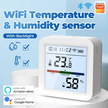 Sasha умен WIFI сензор за температура и влажност на въздуха, влагомер за стая, термометър с LCD дисплей, поддръжка на Алекса Google Assistant