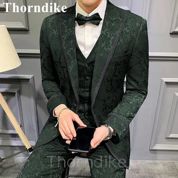 Thorndike 2021, Новият Есенен Модерен Мъжки костюм на Младоженеца от 3 теми, Тъмно-Зелен Жаккардовый костюм, Бизнес смокинг (сако, жилетка и панталон)