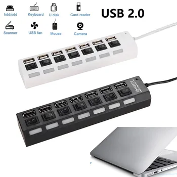 USB хъб 7 пристанища с бутони за включване и изключване на USB 2.0 сплитер USB-хъб за winodws, Mac ports hub аксесоари за преносими компютри