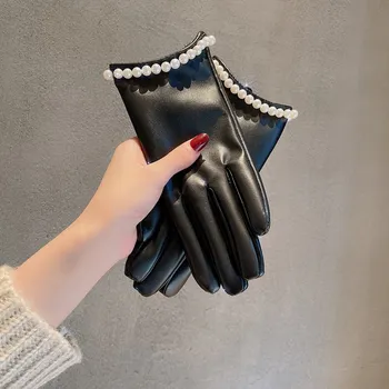 Winter And Autumn Women ' s PU Leather Gloves Full Finger Pearls Design Brand Warm Mittens Ръкавици Дамски Зимн