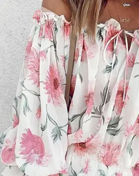 Y2K Топ, дамски модни блуза, 2023, лятна скъпа блуза с открити рамене, цветен принт, отгоре с дълъг ръкав-фенерче, ежедневни тениска