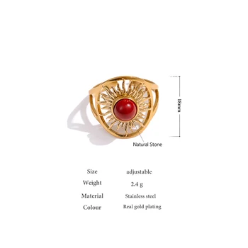 Yhpup Пръстен от неръждаема стомана с червен естествен камък, луксозно златен пръстен с геометричен модел, за да създадете пръст, за жени, подарък за мъж
