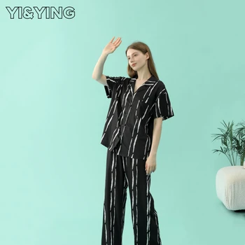 [YI & YING] Пролет-есен нова пижама от изкуствена коприна, женски домашен костюм, шарени пижамный комплект YA2C042