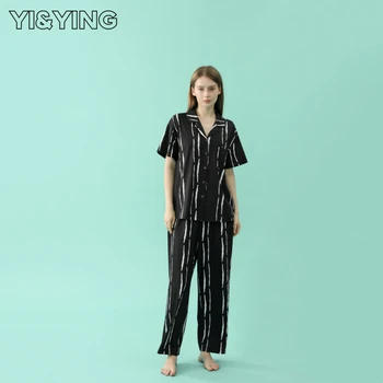 [YI & YING] Пролет-есен нова пижама от изкуствена коприна, женски домашен костюм, шарени пижамный комплект YA2C042