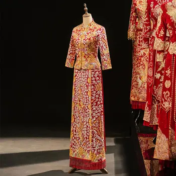 Yourqipao Китайски дрехи Xiuhe 2023 Нови китайски сватбени рокли, сватбени рокли Златен сватбен костюм за наздравици Комплекти дракон и Феникс