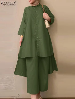 ZANZEA Модни Мюсюлмански Комплекти от 2 теми, Блуза с дълъг ръкав, спортни Панталони, Дамски Ежедневни Свободен Костюм, Елегантни Улични Спортни Костюми
