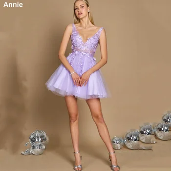 Ани лилави рокли с дълбоко V-образно деколте бродирана дантела и вечерни рокли мини къса فساتين للحفلات الراقصة
