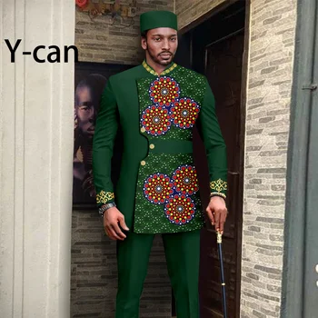 Африкански костюми за мъже 2023, пролет-лято, комплект от 3 теми, яке и панталони с принтом дашики, мюсюлмански шапки A2316052