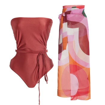 Бански с геометрични принтом и пола вино-червено, дамски бански костюми, плажен костюм за момичета, женски бански костюм, новост 2023 г., лятна плажно облекло