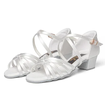 Бяла професионални обувки за латино танци, обувки за тренировки за момичета подметка, детски обувки за танци за ниска пета