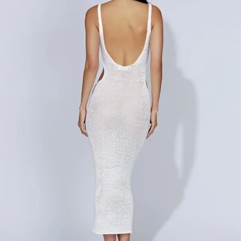 Бяло вязаное плажна рокля, бельо секси прозрачно Макси рокля без ръкави, лятното модно отворено рокля с отворен гръб 2023, плажно облекло