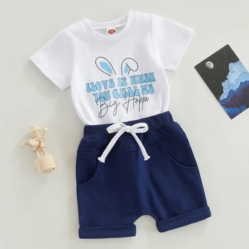 Великденски летни комплекти дрехи за новородени момчета и момичета, памучни тениски с къс ръкав и писмото принтом + шорти дантела прозорци, съоръжения