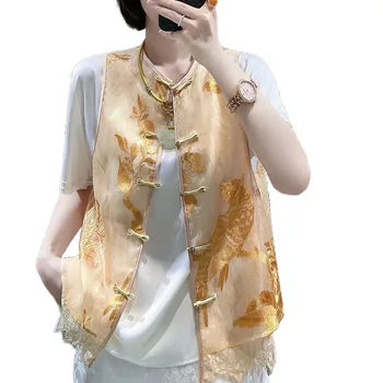 Висококачествен годишният нов изискан жилетка с бродерии, топ китайски стил, елегантен женски коприна завързана жилетка в стил мозайка S-XXL