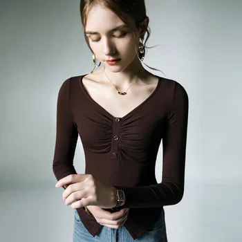 Висококачествена дамска тениска 2023 с копчета от бръчки, есенна секси укороченная връхни дрехи, ежедневни модни блузи Grace Meeting Y2K