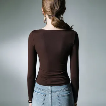 Висококачествена дамска тениска 2023 с копчета от бръчки, есенна секси укороченная връхни дрехи, ежедневни модни блузи Grace Meeting Y2K