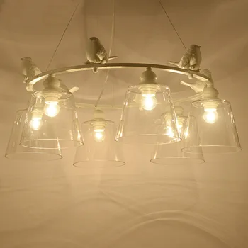Висящи лампи в стил кънтри е в американски стил с шарени птици, бяла окачен лампа за хол, трапезария, спалня, стъклена окачена лампа E27