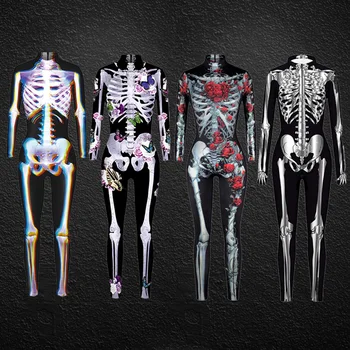 Гащеризон с виртуален скелет за възрастни, женски костюм с черепа-призрак, карнавални костюми за Хелоуин, 3D костюм с виртуален скелет, едно парче костюм с дълъг ръкав, cosplay