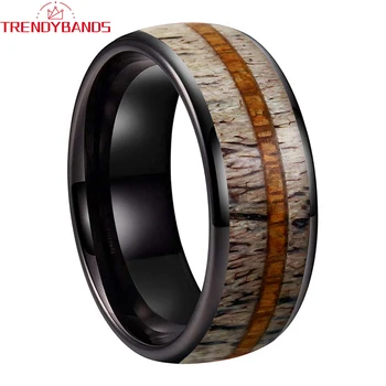 годежен пръстен от волфрам карбид черен цвят 8 мм за мъже и жени, годежен пръстен с инкрустиран от елен и дърво coa, удобна за кацане