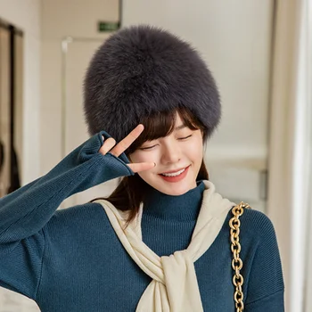 Дамска зимна шапка от естествена лисьего кожа, капачка за защита на ушите, ветрозащитная капачка, луксозни възли кожени шапки, модни дамски кръгла капачка