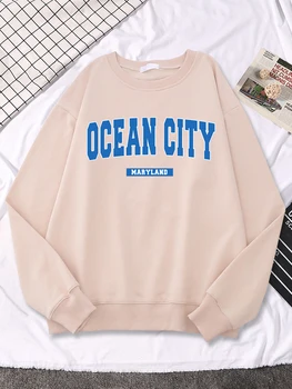 Дамски hoody в ретро стил, пуловер с писмото принтом Ocean City, Мериленд, дълъг ръкав, удобна hoody, дишащи дамски дрехи