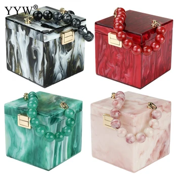 Дамски акрилна модни малка кутия с мраморна шарка, жените луксозни вечерни чанти, портмонета и чанти, реколта дамска чанта-тоут от мъниста