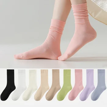 Дамски дълги чорапи памук с високо качество, меки обикновена пролетно-есенни дамски чорапи със средна дължина дишащи, възли, удобни