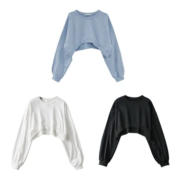 Дамски ежедневни съкратен блузи с дълъг ръкав, hoody с кръгло деколте, без пуловер, hoody