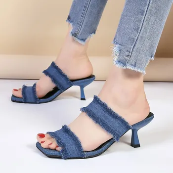Дамски обувки 2023, дамски чехли с квадратни пръсти, каубойски летни обувки на висок ток с отворени пръсти, дамски обувки на висок ток с фин пръсти или тънките токчета