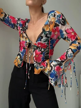 Дамски Разкроена Ризи с дълъг ръкав, Цветен Принт, Приталенные Блузи на Експозиции, Пролетно-Летни Модни Ежедневни Слънчеви Върхове