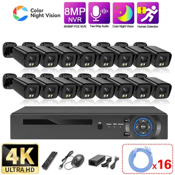 Двустранен аудио камера за видеонаблюдение Комплект система за сигурност 16CH 4K POE НРВ е с Цветна IP камера видеонаблюдение за нощно виждане Система