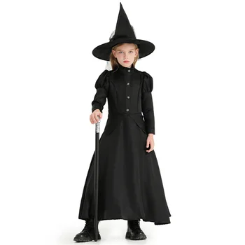 Детски костюм на магьосник за момичета на вси, черна кмет на с шапка, комплект за карнавал партита, маскарад, Cosplay, костюм вещица