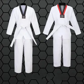 Детски памучен униформи за бойно карате с дълги/къси ръкави, костюми за практикуване на таекуондо за възрастни, облекла за начинаещи, червено/черно и черна шия