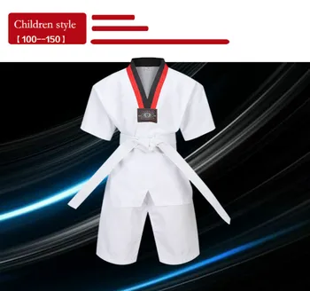 Детски памучен униформи за бойно карате с дълги/къси ръкави, костюми за практикуване на таекуондо за възрастни, облекла за начинаещи, червено/черно и черна шия