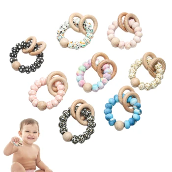 Детски силиконови гривни за хранене на новородени, Играчки за никнене на млечни зъби Гривна Болкоуспокояващи дървени пръстени Дъвчене прорезыватель Играчки за хранене подарък