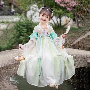 Детско принцеса рокля в китайски стил с зелена цветна бродерия Hanfu за момичета, Древния костюм