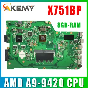 Дънна платка X751B X751BP F751BP A751BP K751BP дънна Платка на лаптоп AMD A9-9420 ПРОЦЕСОР, 8 GB оперативна памет V2G ТЕСТ на дънната ПЛАТКА на лаптопа е В РЕД