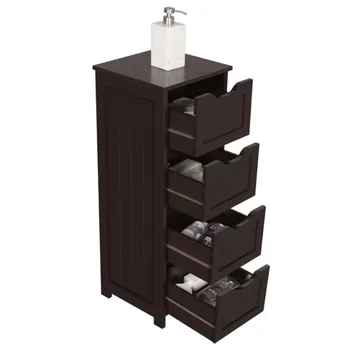 Дървен шкаф-органайзер Easyfashion с 4 чекмеджета за баня, еспресо