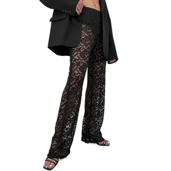 Европейската и американската лятна нова дамски дрехи, секси дантелени обещаващи панталони с висока талия в стил мозайка, дълги прави панталони