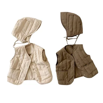 Есенно-зимна детска жилетка с шапка, 2 бр., топло памучно палто, модерен корейски детска жилетка за момичета, връхни дрехи за момчета, якета, дрехи