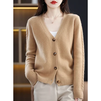 Есенно-зимния нов жилетка от чиста вълна, женски дълъг ръкав, без V-образно деколте, универсален дебел пуловер, вязаный вълнен пуловер, палто